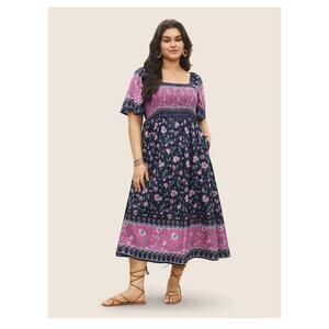 5X 28 Plus Size BloomChic Floral Patchwork Midi Dress Ruffle Sleeve Boho
